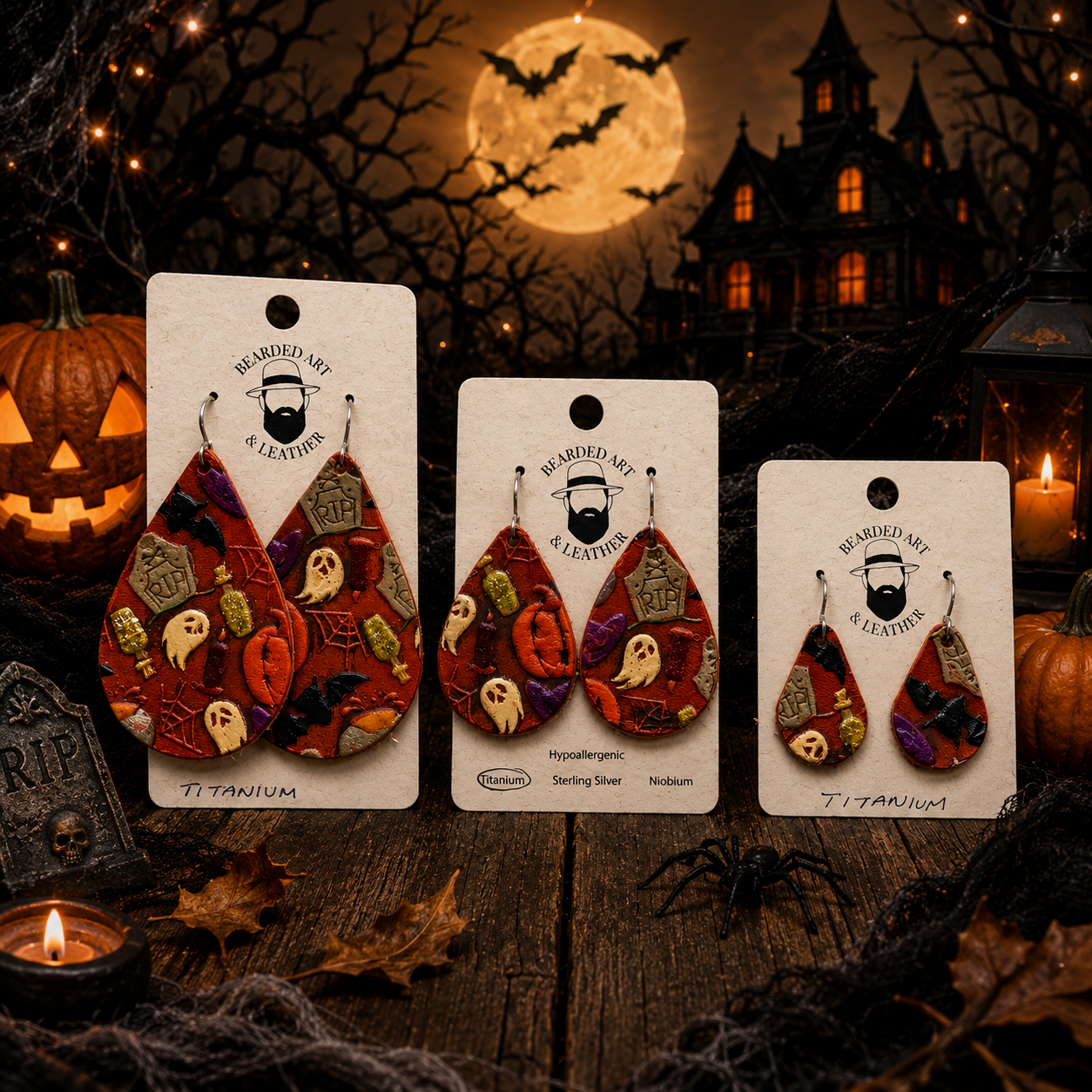 Handcrafted Halloween Full-Grain Leather Earrings – Ghosts, Pumpkins & Spooky Icons | Lightweight | Hypoallergenic Titanium or Niobium Ear Wires