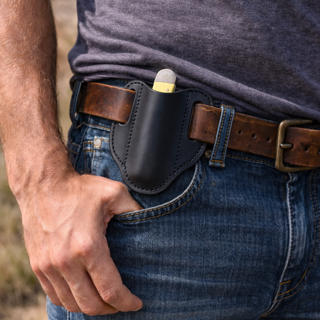 Black Leather Pancake Pocketknife Sheath