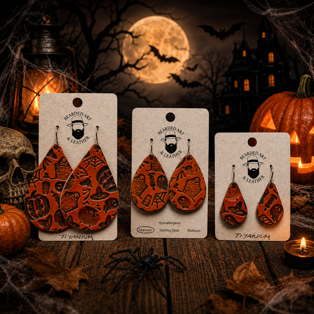 Halloween Full-Grain Leather Earrings – Handmade Spooky Fall Earrings – Hypoallergenic Titanium Ear Wires – Three Sizes Available