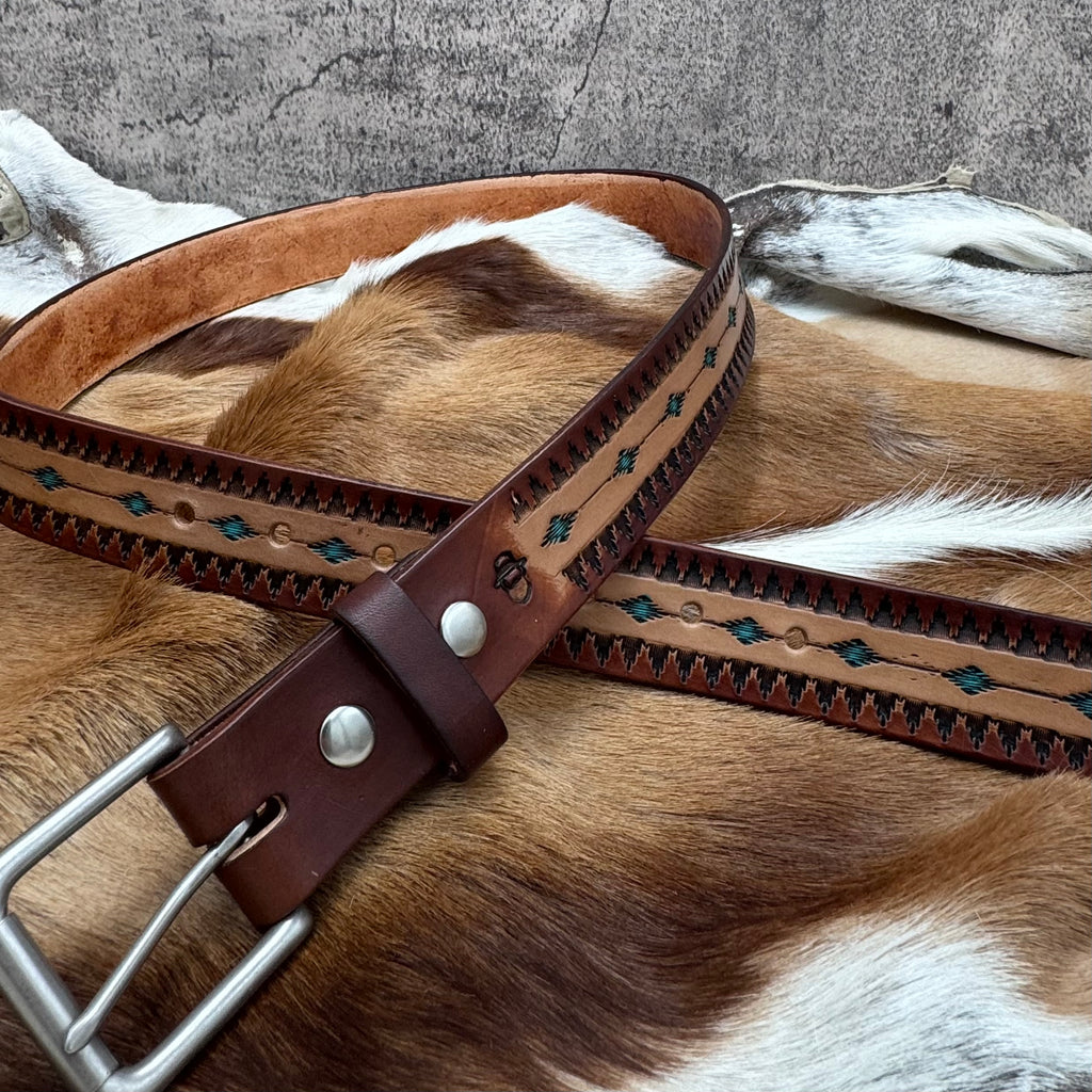 Handmade Stamped Leather Belt with Turquoise Accents – Size 36–38