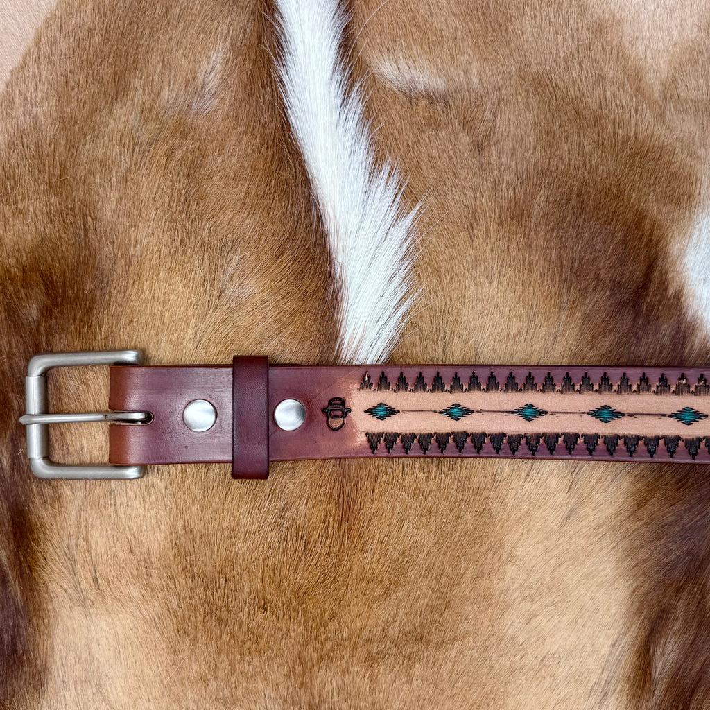 Handmade Stamped Leather Belt with Turquoise Accents – Size 36–38
