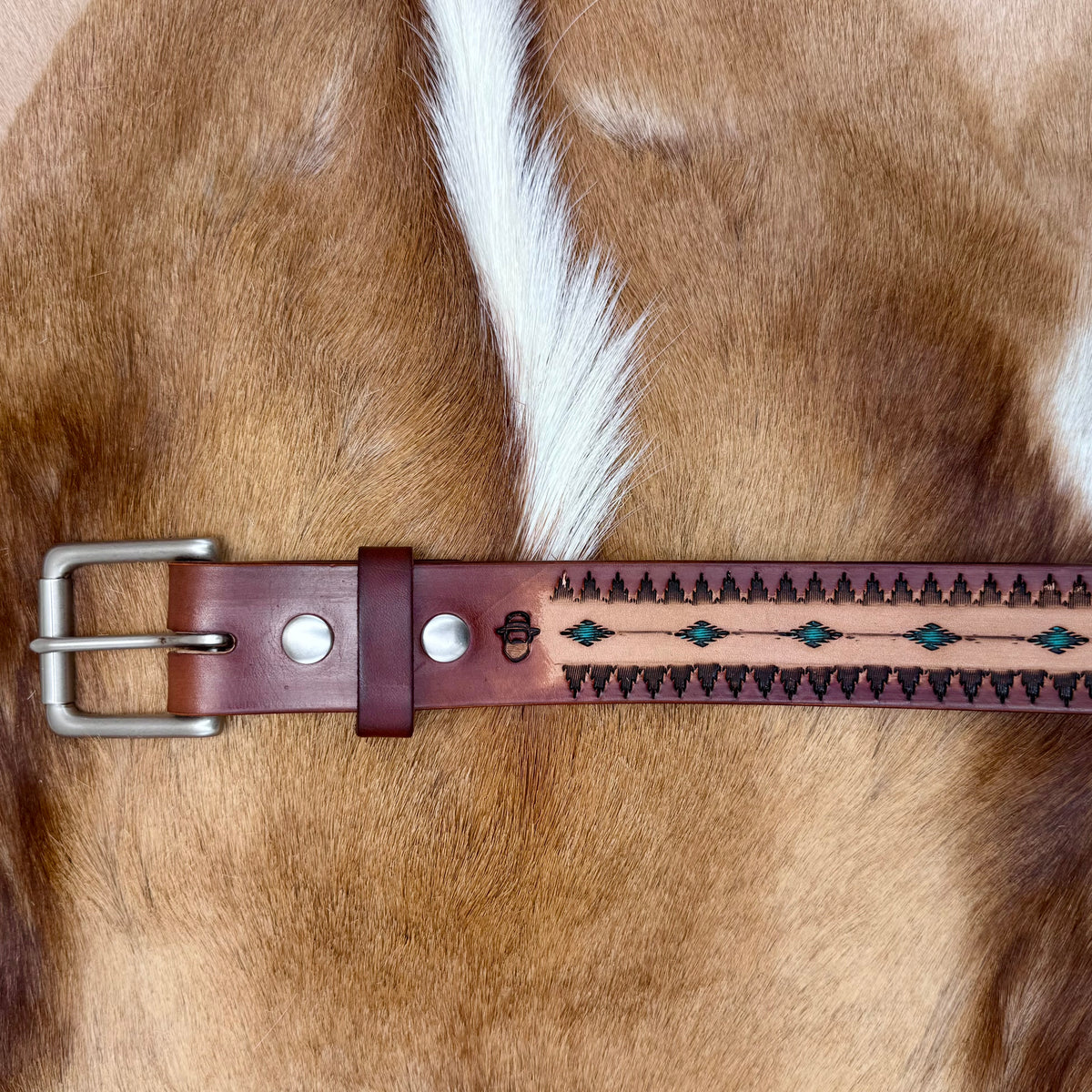 Handmade Stamped Leather Belt with Turquoise Accents – Size 36–38