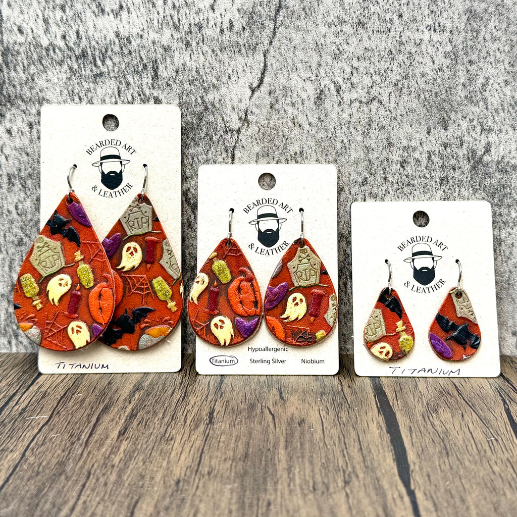 Handcrafted Halloween Full-Grain Leather Earrings – Ghosts, Pumpkins & Spooky Icons | Lightweight | Hypoallergenic Titanium or Niobium Ear Wires