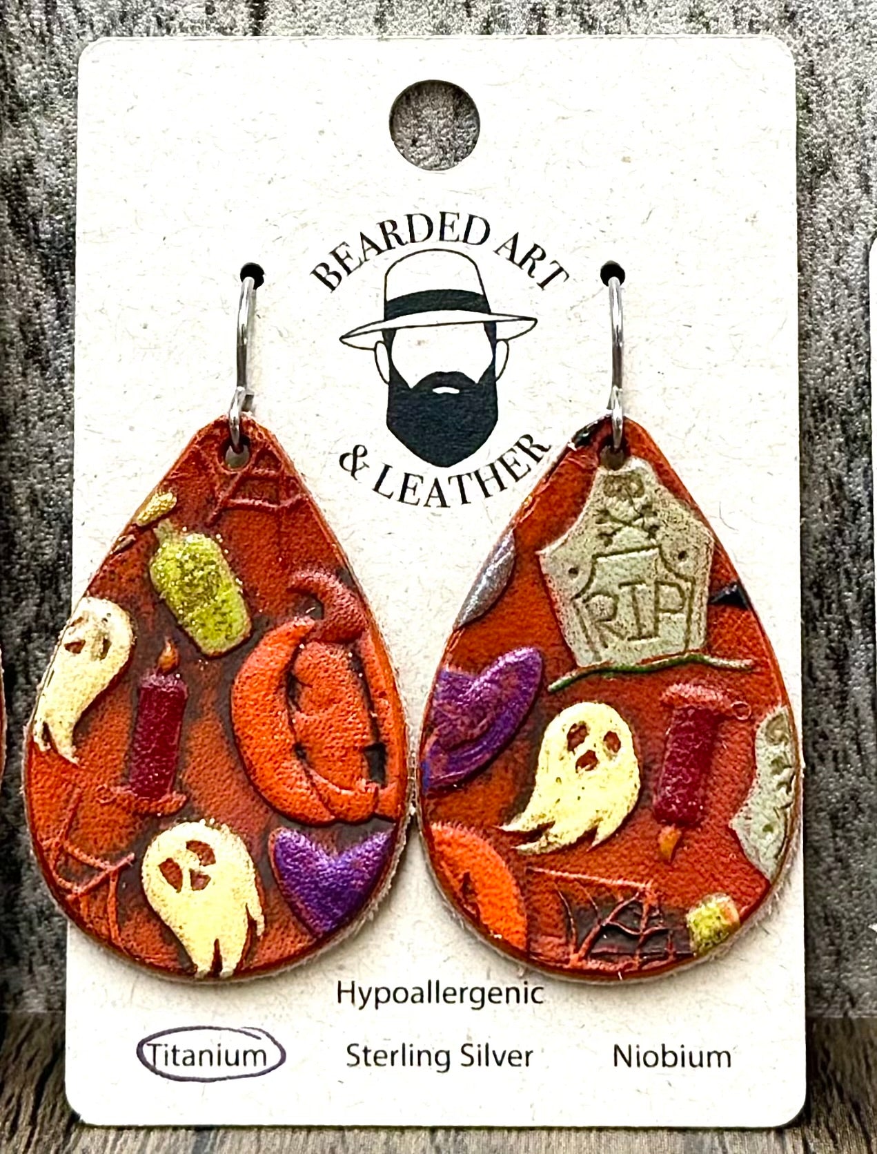 Handcrafted Halloween Full-Grain Leather Earrings – Ghosts, Pumpkins & Spooky Icons | Lightweight | Hypoallergenic Titanium or Niobium Ear Wires