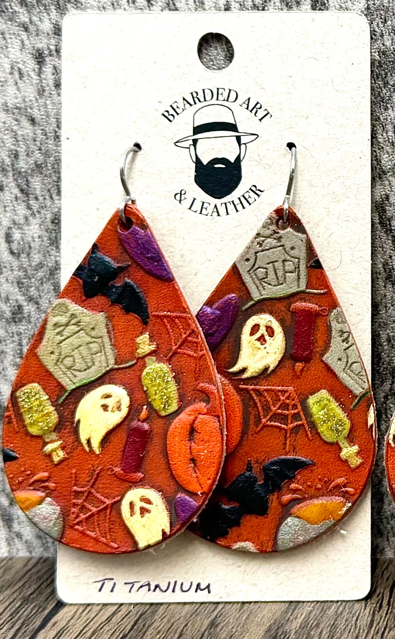 Handcrafted Halloween Full-Grain Leather Earrings – Ghosts, Pumpkins & Spooky Icons | Lightweight | Hypoallergenic Titanium or Niobium Ear Wires