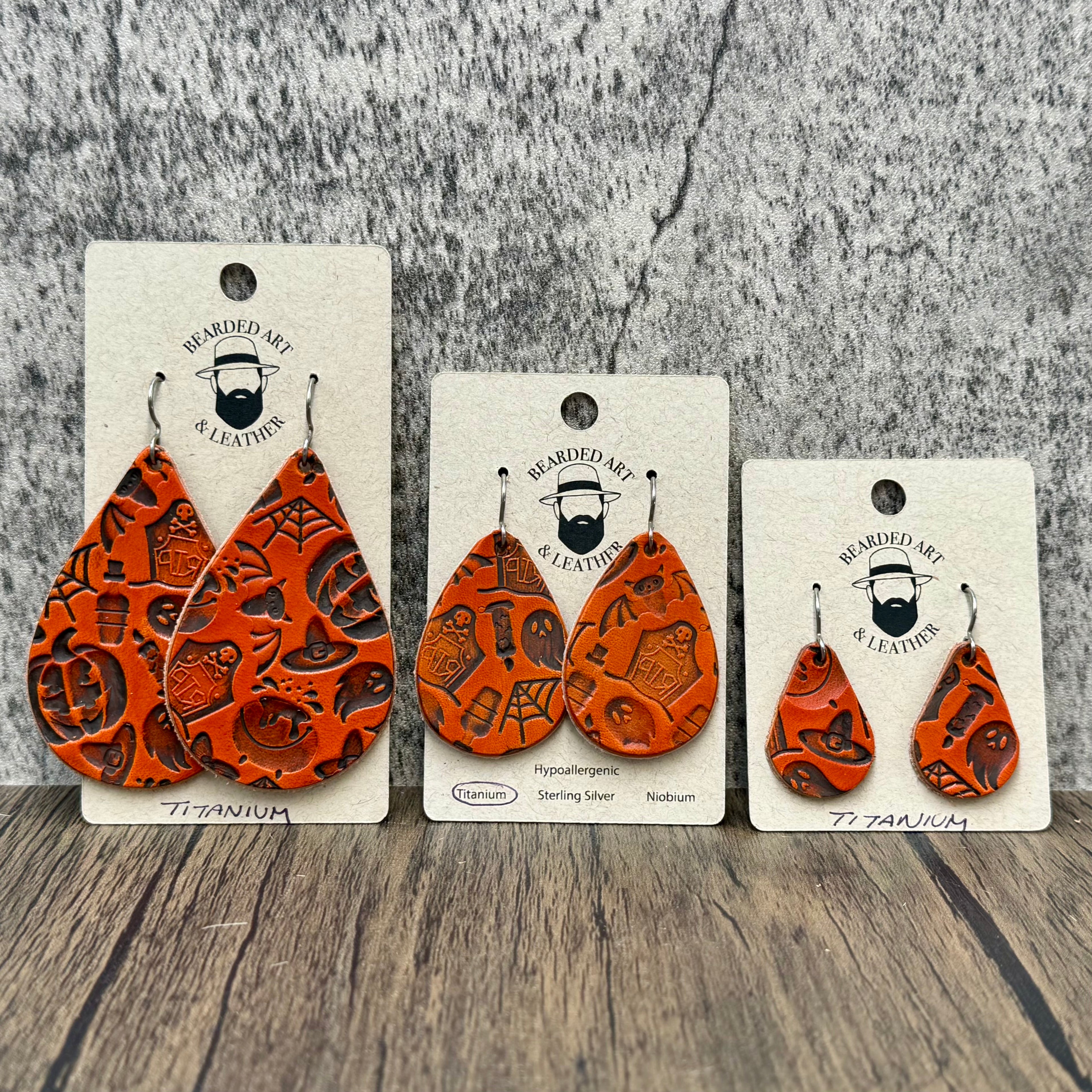Halloween Full-Grain Leather Earrings – Handmade Spooky Fall Earrings – Hypoallergenic Titanium Ear Wires – Three Sizes Available