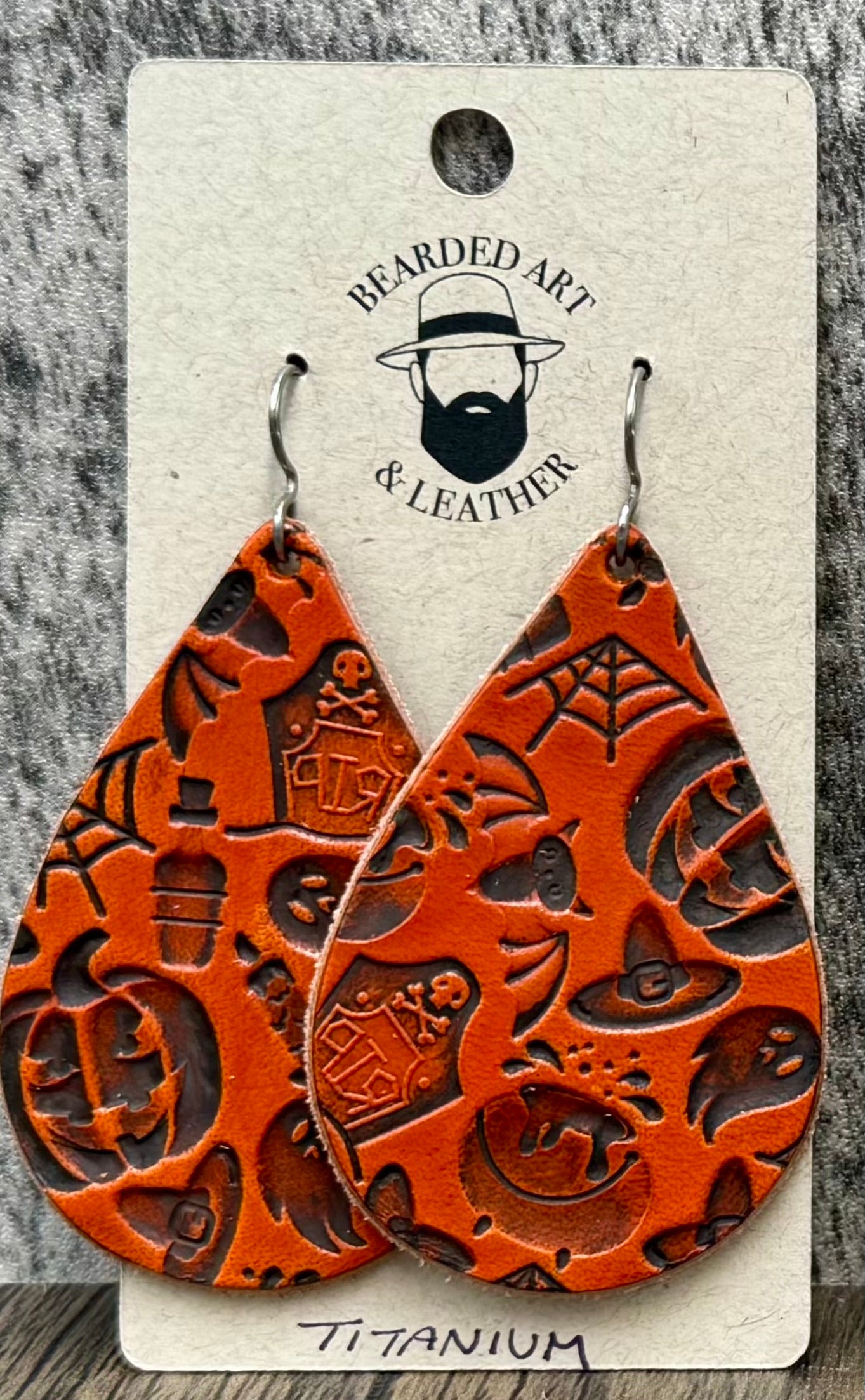 Halloween Full-Grain Leather Earrings – Handmade Spooky Fall Earrings – Hypoallergenic Titanium Ear Wires – Three Sizes Available