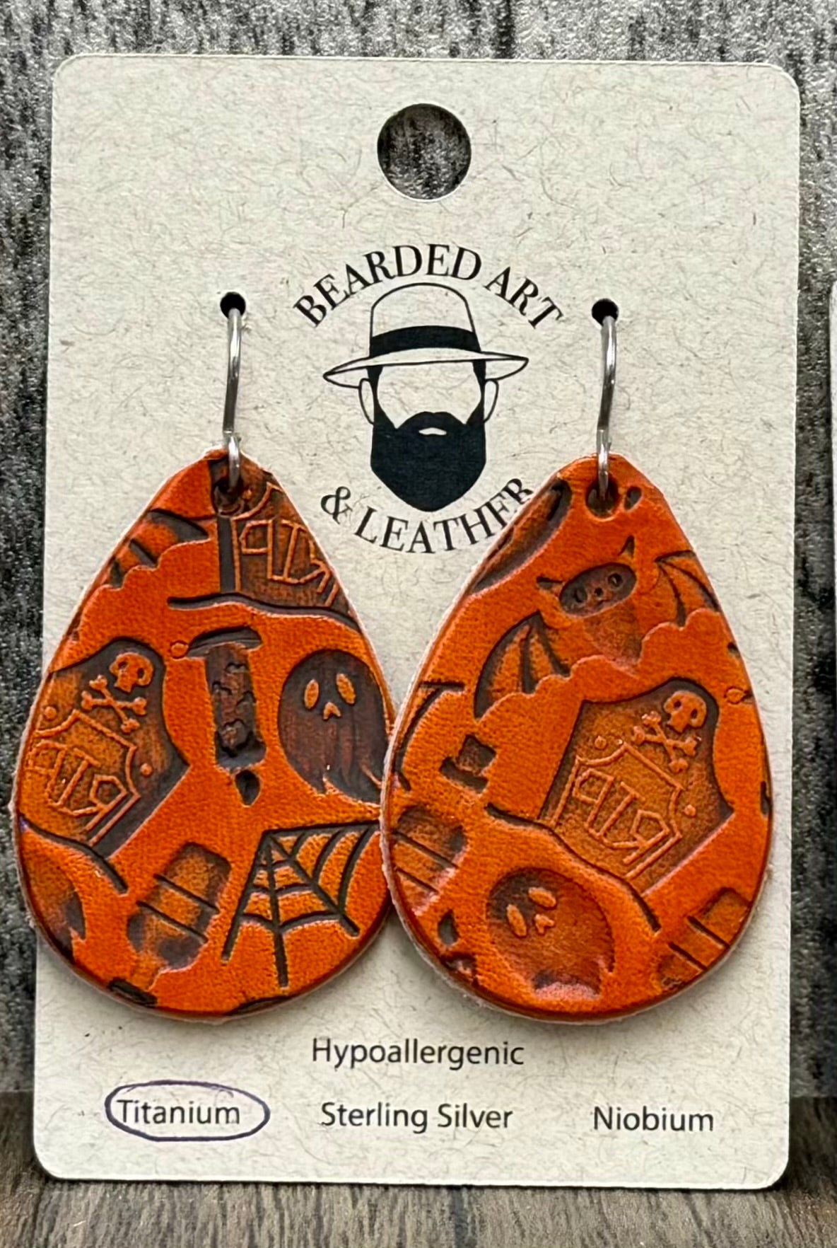 Halloween Full-Grain Leather Earrings – Handmade Spooky Fall Earrings – Hypoallergenic Titanium Ear Wires – Three Sizes Available