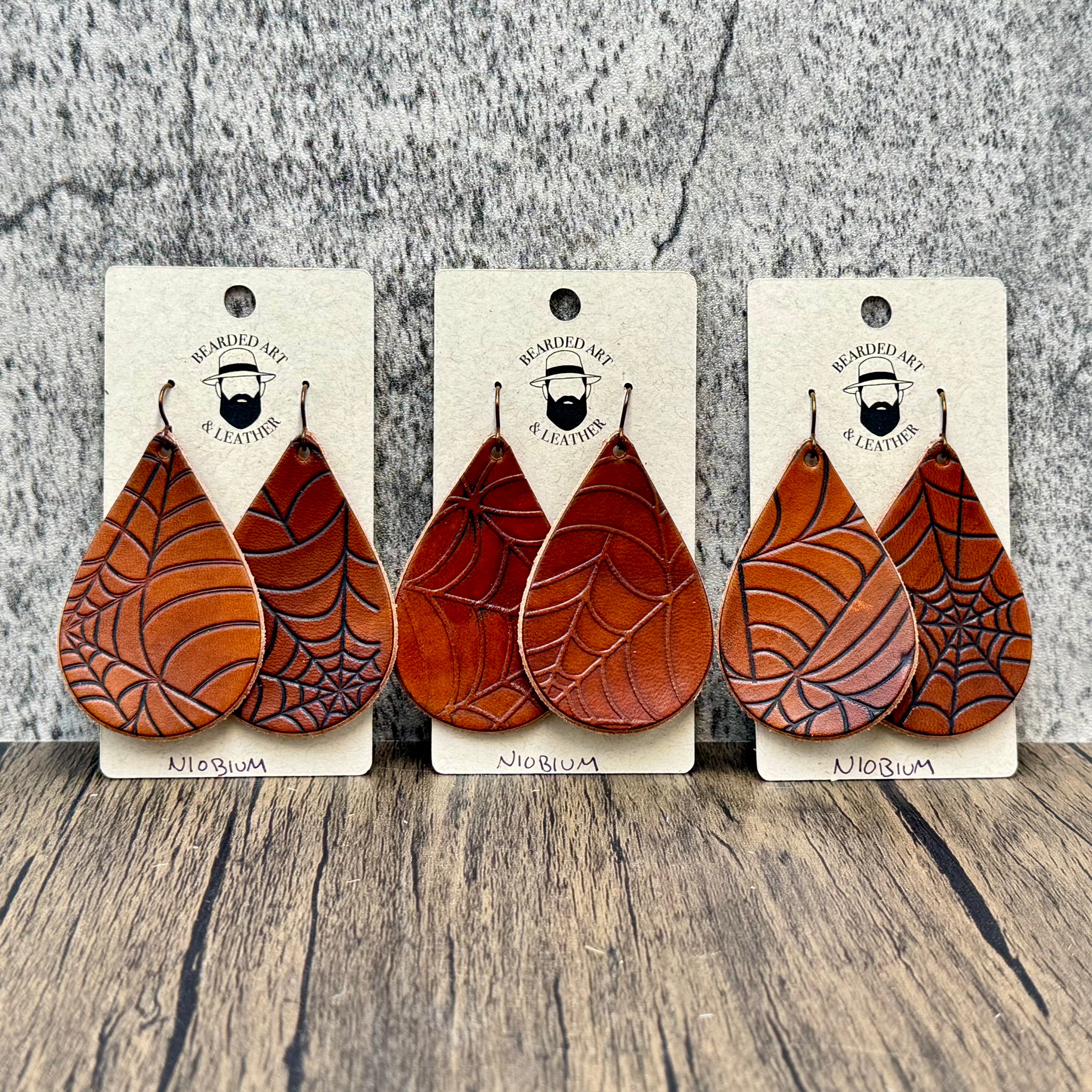 Halloween Spider Web Full Grain Leather Earrings | Handcrafted Tooled Leather | Hypoallergenic Niobium Ear Wires