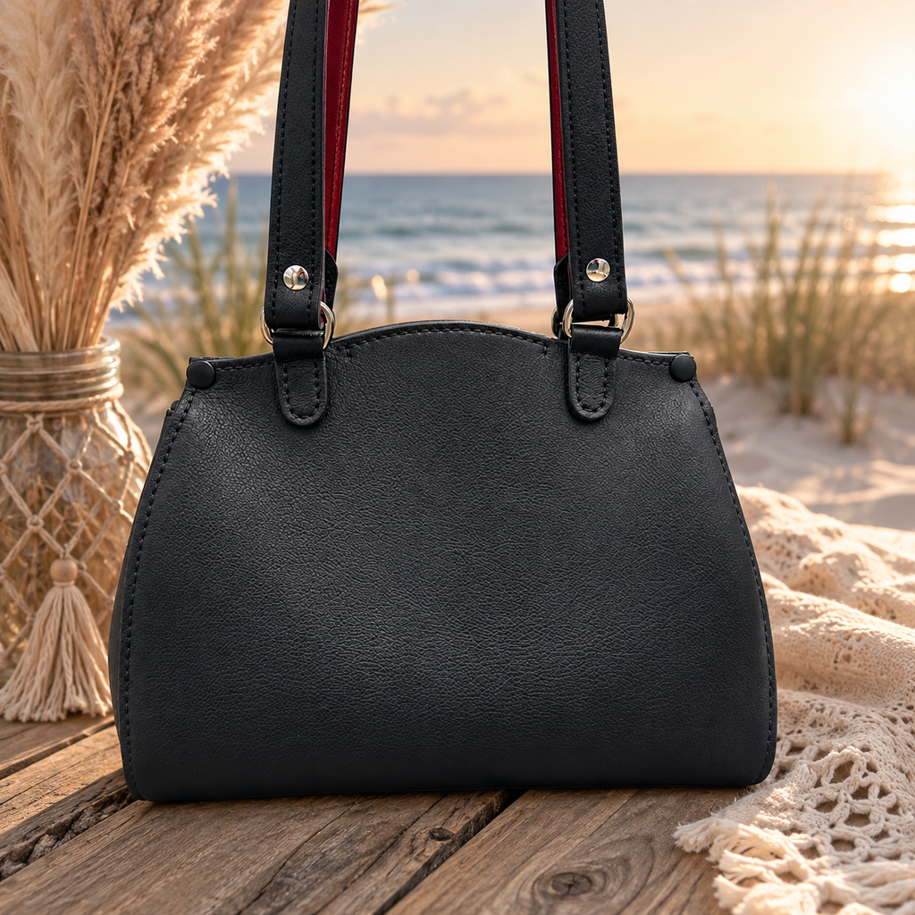 Front view of black handbag with dual shoulder straps and red accents